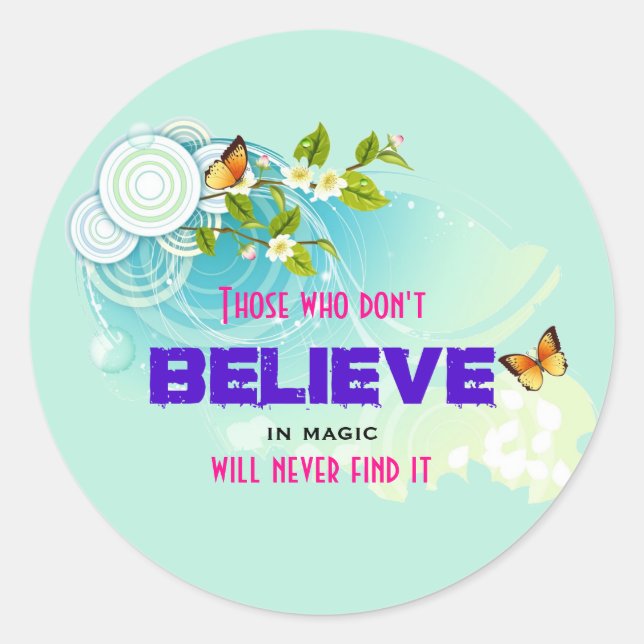 Adesivo Redondo Borboletas e flores com aspas mágicas (Frente)