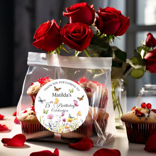 Adesivo Redondo Borboletas e flores selvagens Elegante 75.o aniver (Criador carregado)