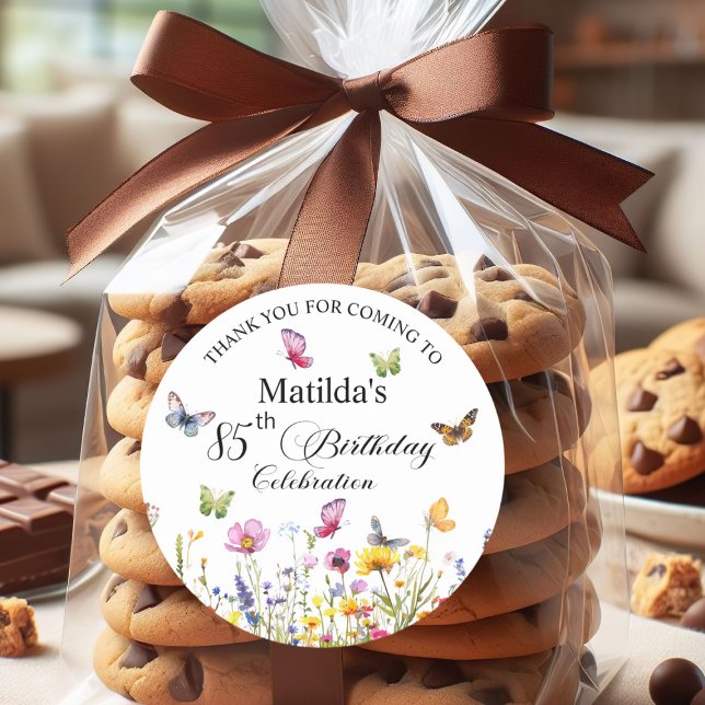 Adesivo Redondo Borboletas e flores selvagens Elegante 85.o aniver (Criador carregado)