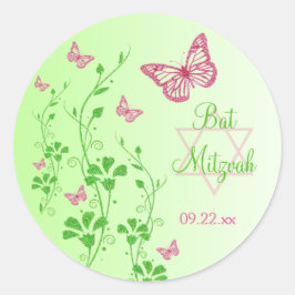 Adesivo Redondo Borboletas Florais Verdes Rosa Bat Mitzvah Sticker