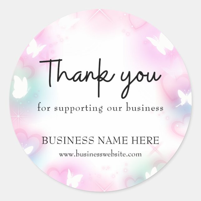 Adesivo Redondo Borboletas Holográficas Agradecimento Negócios Cas (Frente)