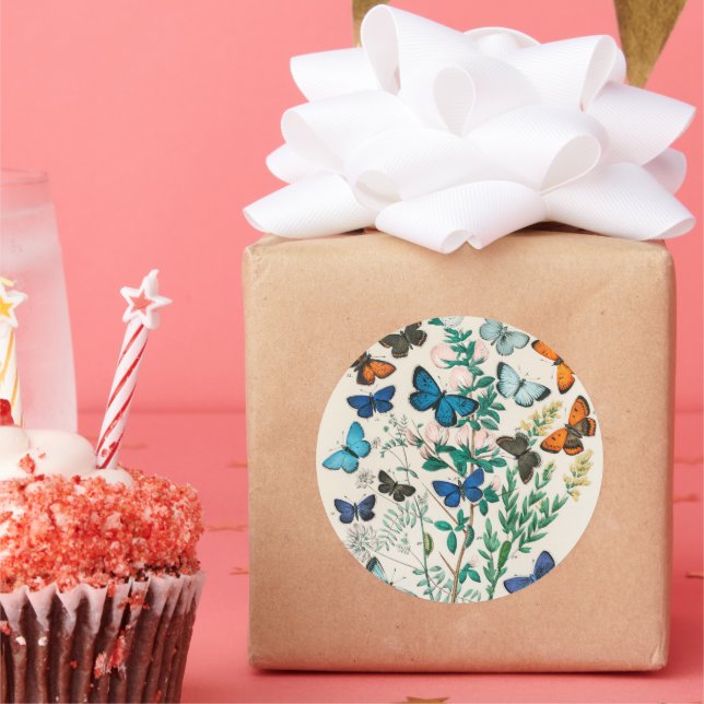 Adesivo Redondo Borboletas, ilustração de safra, (Festa)