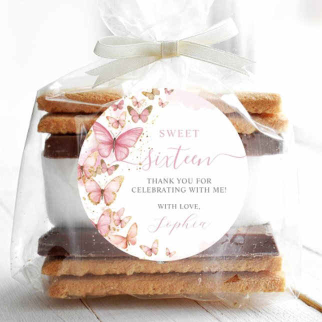 Adesivo Redondo Borboletas rosa bonito Doce 16 Quinceanera XV 15 (Criador carregado)