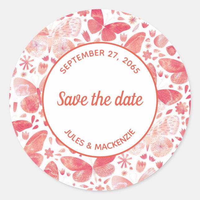 Adesivo Redondo Borboletas Watercolor Coral Rosa Salvar a Data (Frente)
