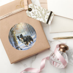 Adesivo Redondo Borda Collie Deixe-o nevar no Natal