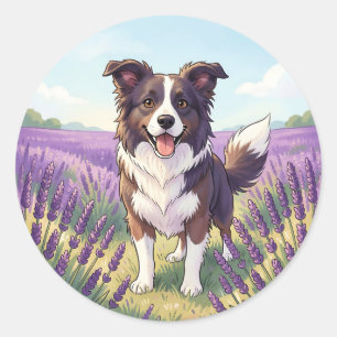 Adesivo Redondo Borda Collie Feliz Campo de Lavanda