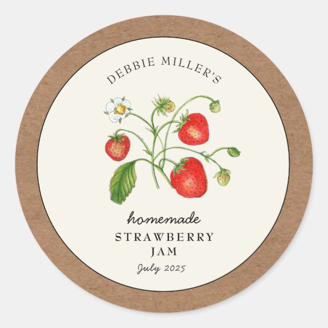 Adesivo Redondo Borda de papel Strawberry Jam Jar Kraft (Frente)
