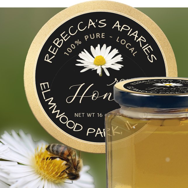 Adesivo Redondo Borda Dourada da margarida negra de mel em bruto (Criador carregado)