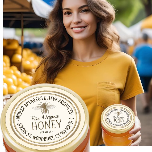 Adesivo Redondo Borda Dourada de Mel Orgânico Bruto com Abelha (Criador carregado)