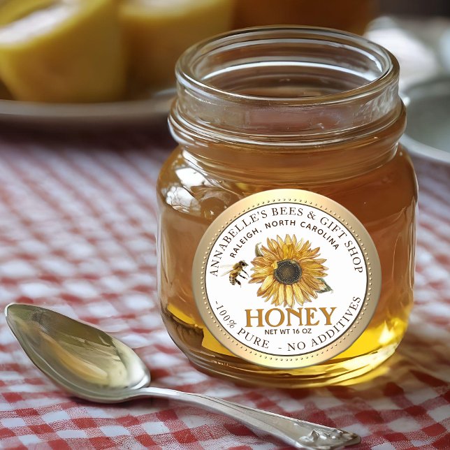 Adesivo Redondo Borda Dourada do Rótulo de Mel de Girassol e Abelh (Criador carregado)