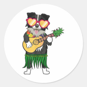 Adesivo Redondo Border Collie Hawaiian Fazendo Ukulele Sum