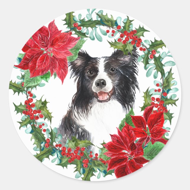 Adesivo Redondo Border Collie Poinsettia Holly Holiday Wreath (Frente)