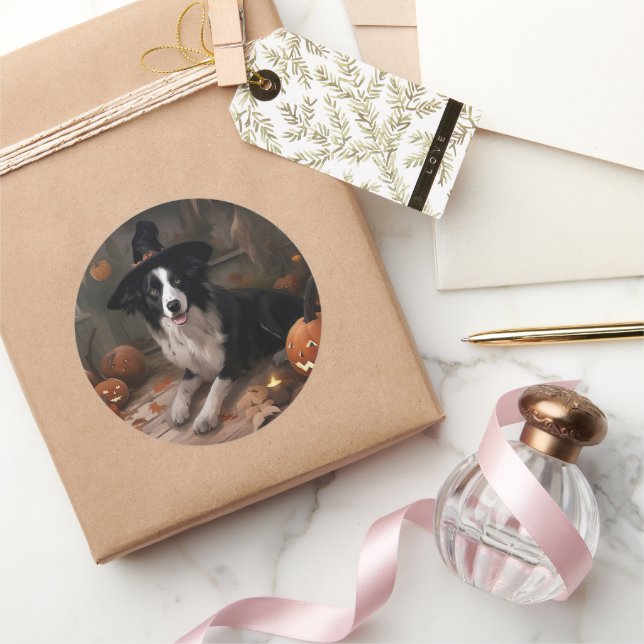 Adesivo Redondo Border Collie Pumpkins Halloween Assustado (Presentear)