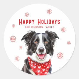 Adesivo Redondo Border Collie Red Heart Bandana Christmas Photo