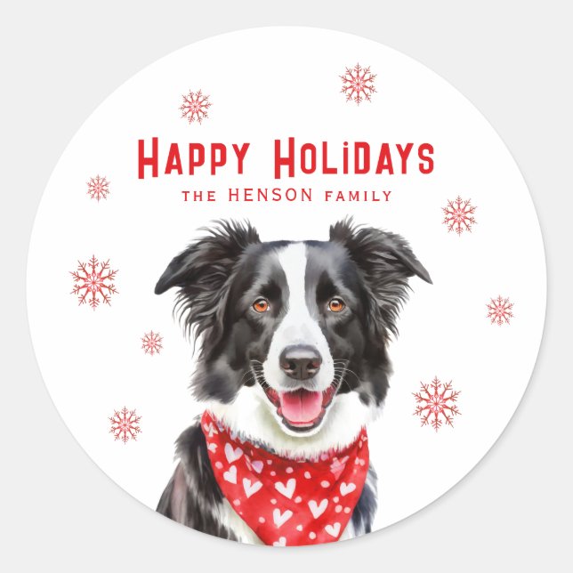Adesivo Redondo Border Collie Red Heart Bandana Christmas Photo (Frente)