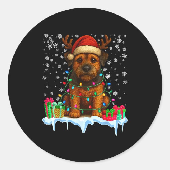 Adesivo Redondo Border Terrier Christmas Santa Hat Reindeer Pajama (Frente)