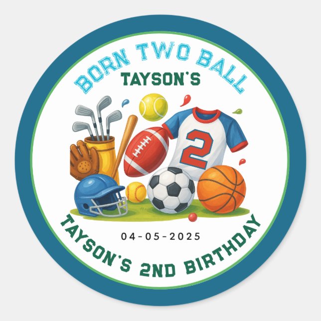 Adesivo Redondo Born 2 Ball Sports Theme Boy’s 2nd Birthday Party (Frente)