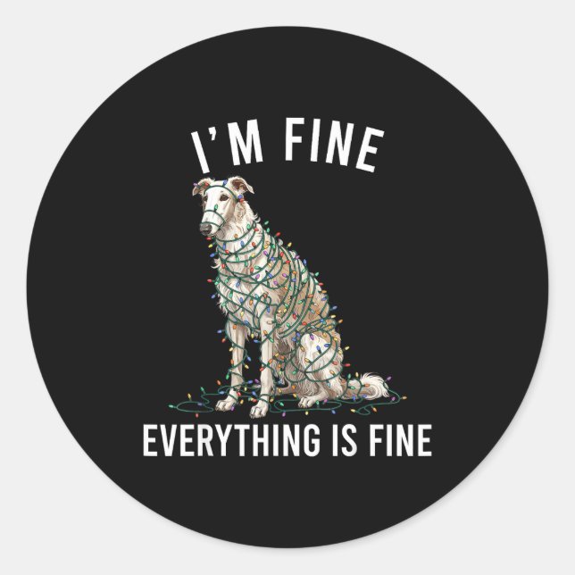 Adesivo Redondo Borzoi Christmas I'm Fine Everything Is Fine  (Frente)