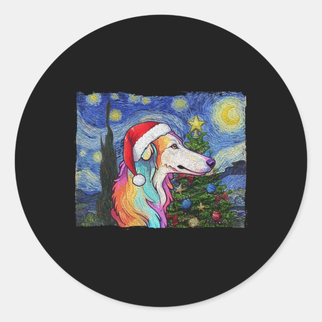 Adesivo Redondo Borzoi Santa Hat Natal Starry Night Dog Art Pa (Frente)