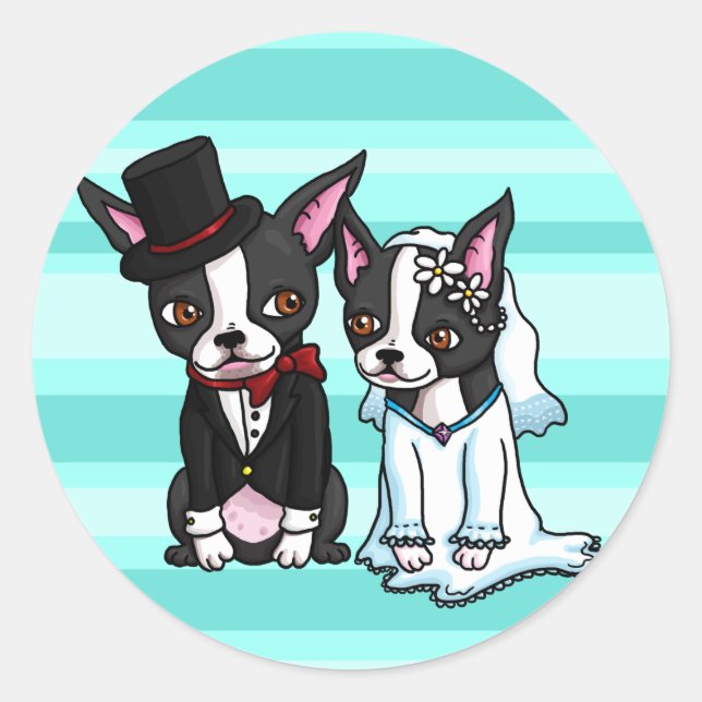 Adesivo Redondo Boston Terrier Bride e Groom (Frente)