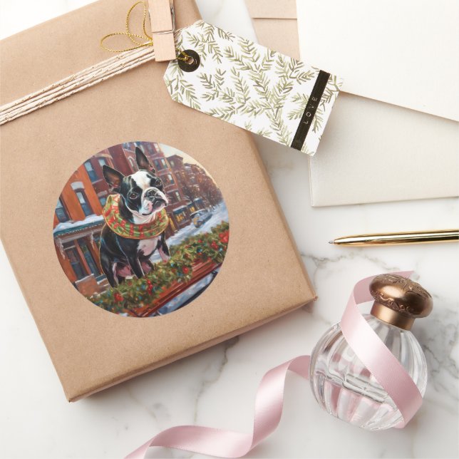 Adesivo Redondo Boston Terrier Christmas Fesason (Presentear)