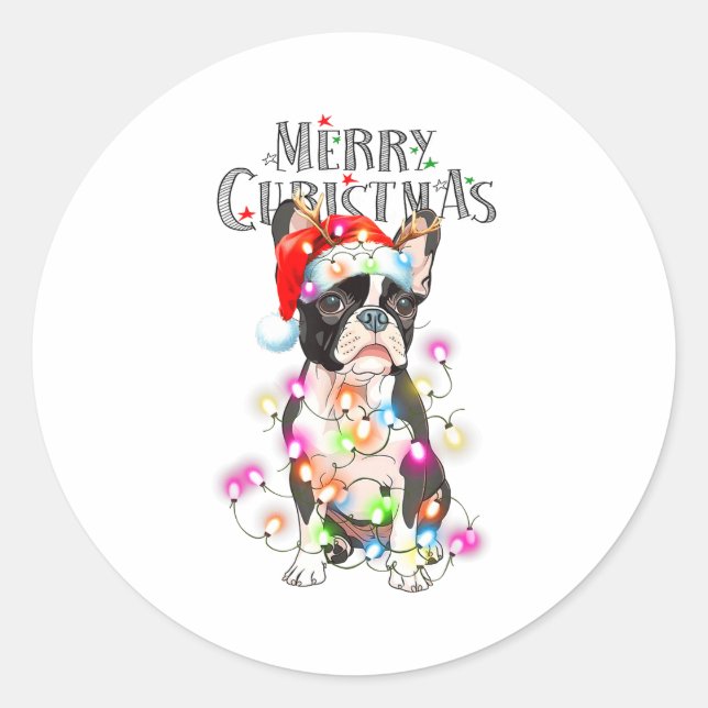 Adesivo Redondo Boston Terrier Christmas Lights Xmas Dog  (Frente)