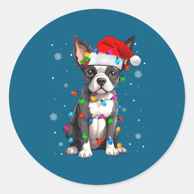 Adesivo Redondo Boston Terrier Christmas Santa Hat  (Frente)