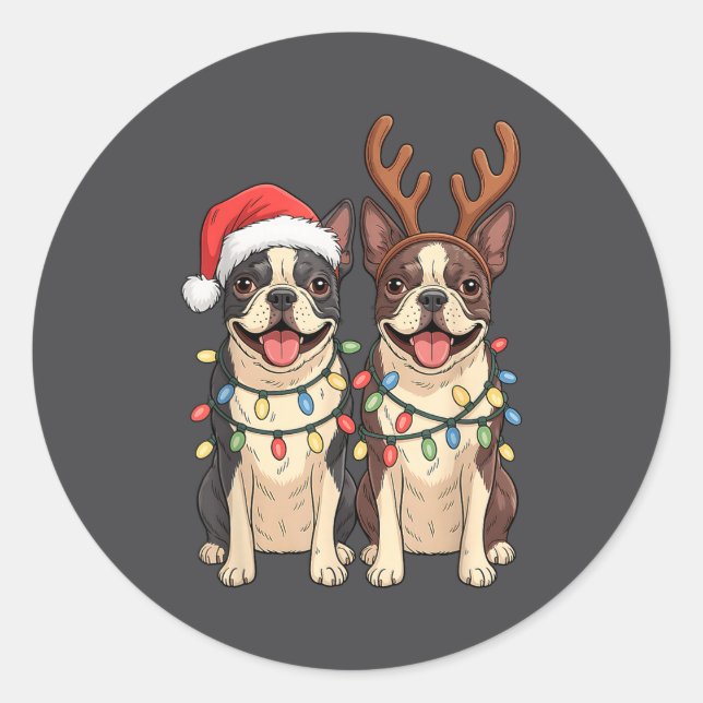 Adesivo Redondo Boston Terrier Christmas Santa Hat Reindeer Lights (Frente)