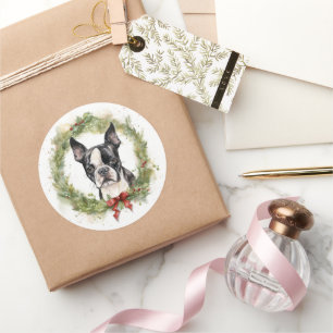 Adesivo Redondo Boston Terrier Christmas Wreath Festivo Pup