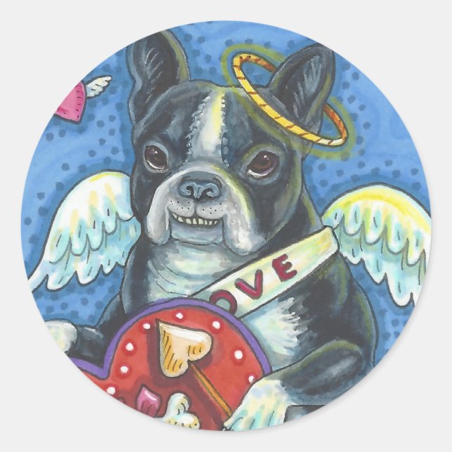 Adesivo Redondo Boston Terrier, CUPID DOG NAMORADOS STICKERS Sheet (Frente)