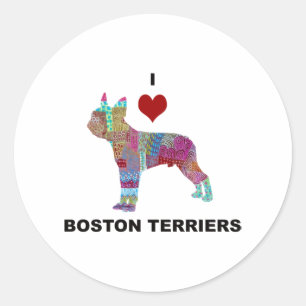 ADESIVO REDONDO BOSTON TERRIER DOG COLLAGE DOODLE I AMOR