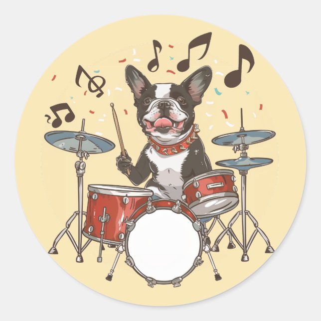 Adesivo Redondo Boston Terrier Dog Playing Drums (Frente)