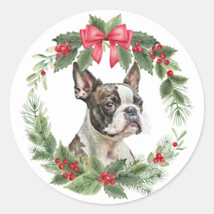 Adesivo Redondo Boston Terrier Dog Red Arco Holly Wreath