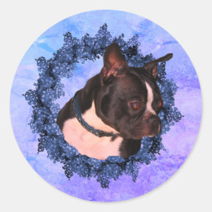 Adesivo Redondo Boston Terrier Flower Wreath Dog