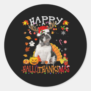 Adesivo Redondo Boston Terrier Halloween Cachorro Feliz de Natal