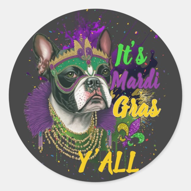 Adesivo Redondo Boston Terrier Mardi Gras Y Carnaval Masquerad (Frente)