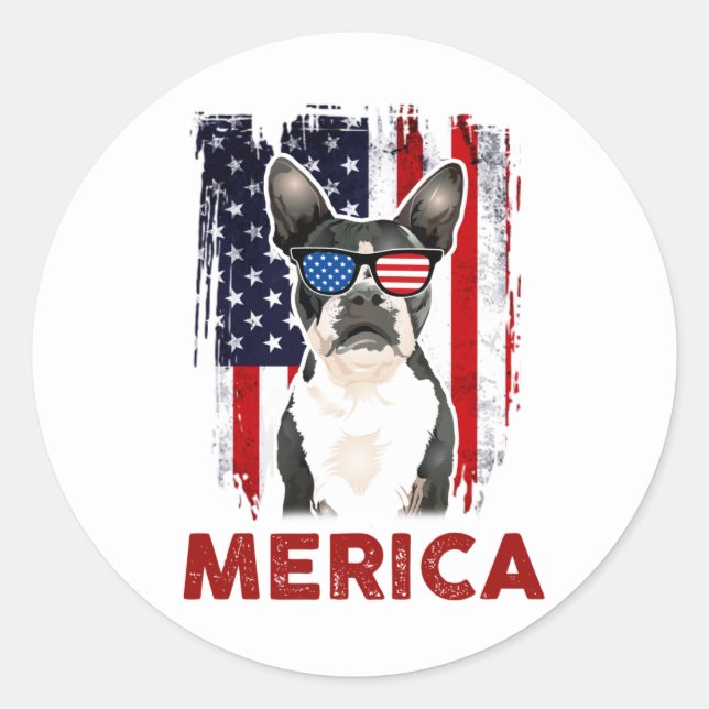 Adesivo Redondo Boston Terrier Merica Bandeira Americana Patriótic (Frente)