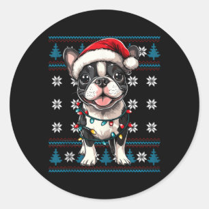 Adesivo Redondo Boston Terrier Papais noeis Xmas Tree Luzes Bostie