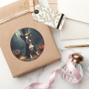 Adesivo Redondo Boston Terrier Pumpkins Halloween Assustado