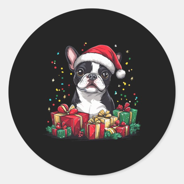 Adesivo Redondo Boston Terrier Santa Hat Engraçado Natal Bostie Do (Frente)