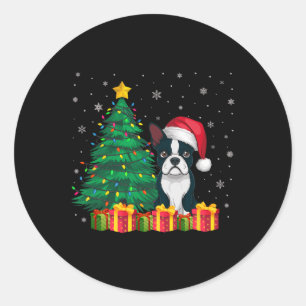 Adesivo Redondo Boston Terrier Santa Hat, Luz de Natal, Cão