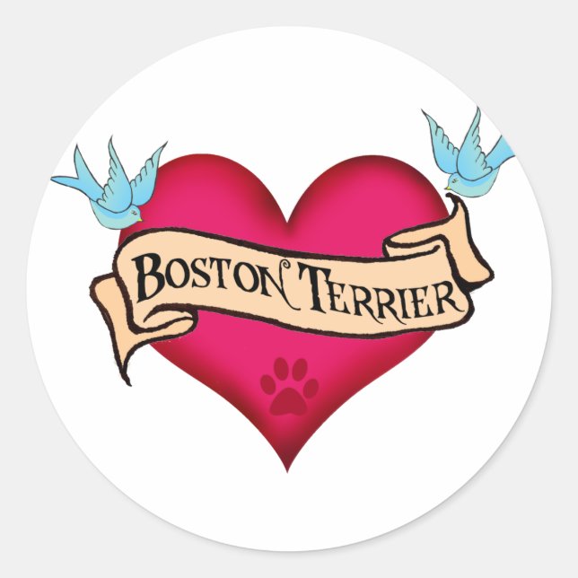 Adesivo Redondo Boston Terrier Tattoo Heart (Frente)