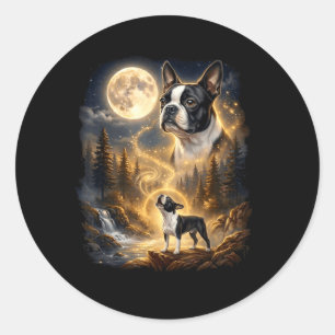 Adesivo Redondo Boston Terrier Uivando Para A Lua Retro