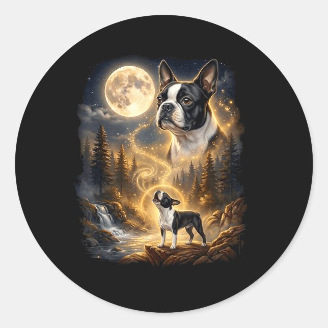 Adesivo Redondo Boston Terrier Uivando Para A Lua Retro (Frente)