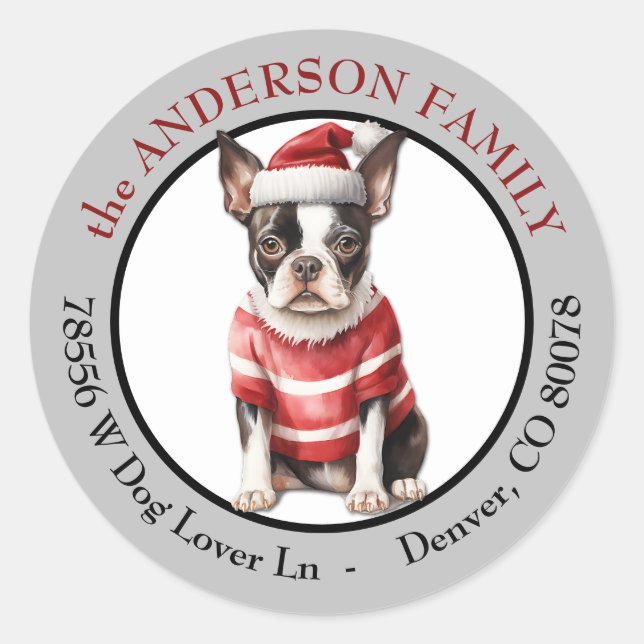 Adesivo Redondo Boston Terrier Winter Sweater Return Address (Frente)