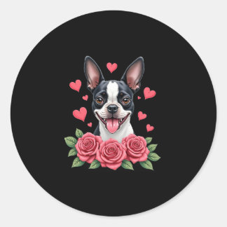 Adesivo Redondo Boston Terrier with Red Roses Hearts Valentine�s D