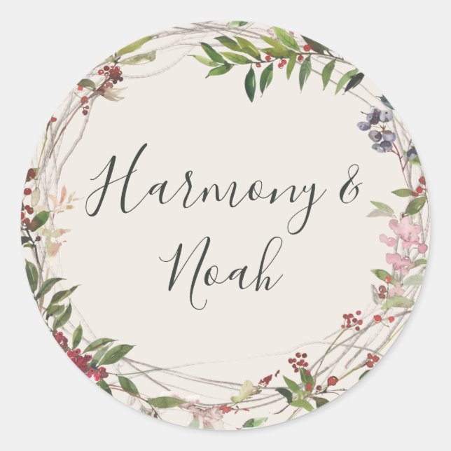 Adesivo Redondo Botânica de Natal | Fechos de Envelope de Champanh (Frente)