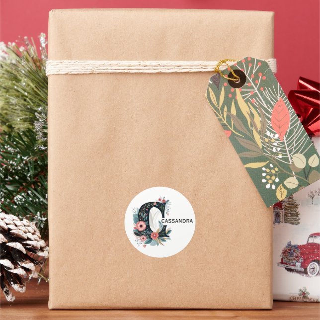 Adesivo Redondo Botânica Floral Monograma - Letra C Personalizável (Feriado)