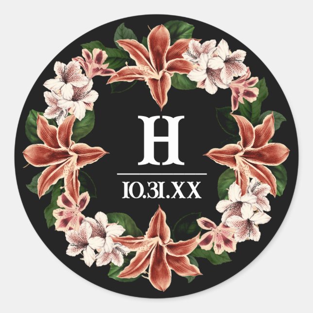 Adesivo Redondo Botânica Preta do Monograma Escuro e Moody (Frente)