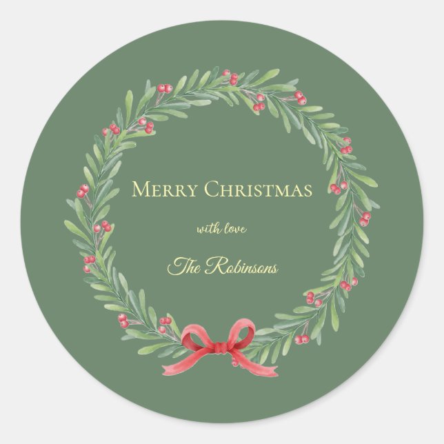 Adesivo Redondo Botanical Christmas Wreath Modern Script  (Frente)